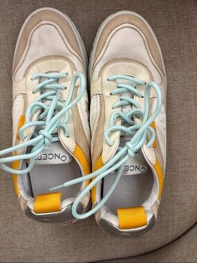 Women's Beige and Yellow Lace-Up Sneakers with Mint Laces